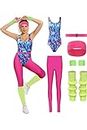 MASSWO Womens Aerobics Costume 80s Workout Outfit 90s Accessories Set Retro Jogging Suit Waist Bag Gym Yoga Running, Pink, XX-Large