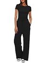 Women's 2 Piece Outfits Lounge Sets Ruched Short Sleeve Tops and High Waisted Wide Leg Pants Tracksuit Sets Sports Jogging Tracksuit Sets Sweatpants Tracksuit with Pockets (M,Black)