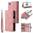 QLTYPRI Wallet Case for iPhone 7 iPhone 8 iPhone SE 2020, Premium Vintage PU Leather Zipper Pocket Case with Card Holder Slots Magnetic Closure Kickstand Wrist Strap Shockproof Flip Cover - Pink