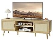 SUPERJARE Rattan TV Stand for 60’’ TV, TV Console Cabinet with Adjustable Shelf, 2 PE Rattan Cabinets, Entertainment Center, Rattan Media Console, Solid Wood Feet, Cord Holes, for Living Room - Teak