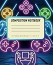 Neon Gamer Composition Notebook: Wide Lined Video Game Controllers | Blue Modern Notebook For Gamer Boy & Kids