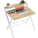GreenForest Folding Desk No Assembly Required Large Size,Computer Desk with 2-Tier Shelf Laptop Foldable Table for Small Spaces, Beige