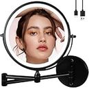 TUSHENGTU 9" Large Black Wall Mount Magnifying Mirror with Light, Rechargeable Lighted Makeup Vanity Mirror Wall Mounted Swing Arm, 10X/1X Magnifying Vanity Mirror for Bathroom 360° Double Sided