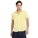 Campus Sutra Men's Lemon Yellow See-Through Square Shirt for Everyday Wear | Spread Collar |Short Sleeve | Polyester Blend Cotton Lycra Shirt Crafted with Comfort Fit for Everyday Wear