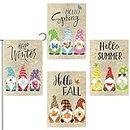 WATINC 4Pcs Seasonal Gnomes Garden Flags Set Hello Spring Summer Fall Winter Colorful Party Decoration Supplies Double Sided Burlap House Flag for Home Indoor Outdoor Yard Lawn 12.6 x 18.1 Inch