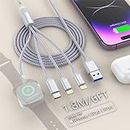 4-in-1 Watch and Phone Charger Cable Multi Universal iwatch Charger Cable Magnetic Smart Watch Charger+Dual Lightning + USB C Charging Cord Compatible with iWatch, iPhone, Galaxy, Pixel/6FT