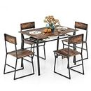 TANGZON 5 Pieces Dining Table and Chairs Set, Metal Frame Dining Room Set with Storage Shelf & Adjustable Foot Pads, Space-Saving Breakfast Kitchen Furniture Set for Dining Living Room (Rustic Brown)