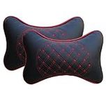 DETACHI Faux Leather Car Neck Rest Pillow/Cushion Set of Pillows Compatible with All Cars (Black, with RED Embroidery) - Pack of 2 Pieces