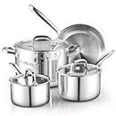Cook N Home Pots and Pans Stainless Steel Cooking Set 7-Piece, Tri-Ply Clad Kitchen Cookware Set, Dishwasher Safe, Glass Lid, Silver