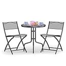 Costway 3-Piece Patio Bistro Set, Outdoor Bistro Table Set with Round Black Tempered Glass Tabletop and 2 Folding Chairs, Outdoor Dining Set for Indoor/Outdoor, Black