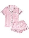 LYANER Women's Striped Silky Satin Pajamas Short Sleeve Top with Shorts Sleepwear PJ Set, Pink, Medium