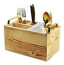 Spiretro Flatware Caddy, Cutlery Utensil Holder, Silverware Condiment Organizer for Kitchen, Dining, Entertaining, Tailgating, Picnics, 4 Compartments，Solid Torched Wood with Golden Metal Handle-Beige