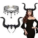 Bofeiya Maleficent Horns Headband,Halloween Devil Hair Accessories Ladies Costume with Gothic Vintage Black Lace Gem Necklace for Cosplay Masquerade Carnival