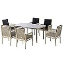 Outsunny 7 Pieces Patio Dining Set, Outdoor Furniture Set, Wicker Armrests Chair and Tempered Glass Table Top, Black
