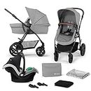 Kinderkraft MOOV CT Pram 3 in 1 Set, with Infant Car Seat Mink PRO I-Size, Travel System, Baby Pushchair, Buggy, Foldable, Accessories, for Newborn, from Birth to 3 Years, Gray