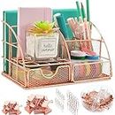 Office Desk Organizers,Rose Gold Office Supplies Desk Organization for Women,Cute Desk Caddy with Pen Holder,6 Compartments +72 Clips Set.