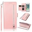 EYZUTAK Wallet Case for iPhone 6 Plus iPhone 6S Plus, 5 Card Slots Magnetic Closure Zipper Pocket Handbag PU Leather Flip Case with Hand Strap TPU Kickstand Cover for iPhone 6 Plus/6S Plus -Rose Gold
