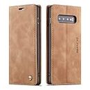 QLTYPRI Case for Samsung Galaxy S10, Vintage PU Leather Wallet Case Card Slot Kickstand Magnetic Closure Shockproof Flip Folio Case Cover for Samsung Galaxy S10 - Brown