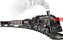 Hot Bee Model Train Set For Boys - Metal Alloy Electric Trains W/ Steam Locomotive,Oil Tank Train,Cargo Cars & Tracks,Train Toys W/ Smoke,Sounds & Lights,Christmas Toys For 3 4 5 6 7+ Years Old Kids