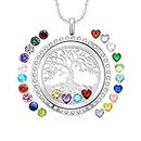 AZNECK Family Tree of Life Floating Necklace for Women Charms Pendant Living Memory Mother's Day Jewelry 30mm Stainless Steel Locket Grandma Birthday Gifts(Tree-6)