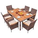 Flamaker 7 Piece Patio Dining Set Outdoor Acacia Wood Table and Chairs with Soft Cushions Wicker Patio Furniture for Deck, Backyard, Garden (Brown)