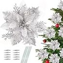 Christmas Tree Decorations,10Pcs 14cm/5.5in Gold Poinsettia Artificial Christmas Flowers with Clips and Stems Glitter Christmas Tree Ornaments for Xmas Wedding Party Wreath Decoration by H HOME-MART
