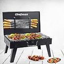 Chefman Briefcase Barbeque Grill Charcoal Large Size Outdoor with Wooden Handle Set (Black) 1 BBQ, 1 Grill, 8 Skewers, 1 Tong | Picnic/Outdoor Parties/Roasting, Grilling Food