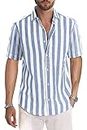 JMIERR Men's Spring Casual Hawaiian Shirts Short Sleeve Button Up Shirts Cotton Linen Vertical Striped Business Dress Shirts Cruise Shirt Resort Wear for Men, CA 43(L), Sky Blue and White Stripe
