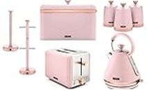 Tower Cavaletto Pink Pyramid Kettle, 2 Slice Toaster, Bread Bin, Set of 3 Canisters, Mug Tree & Towel Pole. New Matching Set of 8 Kitchen Items in Pink & Rose Gold