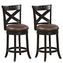 COSTWAY Bar Stool Set of 2, Swivel Counter Height Stool with Curved Backrest, PU Leather Seat & Rubber Wood Legs, Additional Footrest, for Kitchen Island, Bar, Pub, Brown (2, 25 Inch)