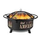 Backyard Expressions GOD Bless America Metal Firepit - 30 Inch - Heavy Duty Steel Fire Pit for Patio/Backyard w/Spark Screen Log Grate and Poker