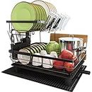 Boosiny 2 Tier Dish Drainer, Dish Drainer Rack for Kitchen Counter, Stainless Steel Dish Rack with Swivel Drainage Spout, Utensil Holder, Cup Holder, Cutting-Board Holder and Drying Mat