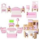 Wooden Dollhouse Furniture Set, 5 Room Kit 22 Piece Miniature Dollhouse Wood Furniture Accessories, Including Kitchen, Dining Room, Living Room, Bedroom, Bathroom for Playhouse Family Figures Play Toy