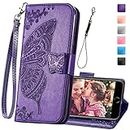 KRHGEIK Wallet Case for iPhone SE 2020/SE 2022/iPhone 8/iPhone 7,Women Butterfly Embossed PU Leather Stand Card Slots Wrist Strap Flip Folio Cover for iPhone 6/6S/7/8/SE 2nd/SE 3rd Gen (Purple)