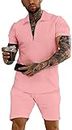 URRU Men's Polo Shirt and Shorts Set Summer Outfits Fashion Casual Short Sleeve Polo Suit for Men 2 Piece Short Set Pink L