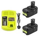 5000mAh Ryobi 18V Lithium Battery Replacement for Ryobi 18-Volt 18L50 ONE+ P104 P105 P102 P103 P107 P108 P109 Tool (2 Pack Battery & Charger)