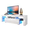 Binrrio White TV Stand with Light, Entertainment Center with Storage Cabinet for 70 Inch TV, High Gloss TV Stand Television Cabinet with Glass Shelf, Media Console Table for Living Room Bedroom