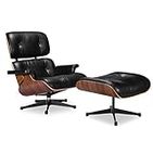 Nicer Furniture Modern Classic Lounge Chair and Ottoman Black 100% Italian Genuine Full Grain Leather with Rosewood/Palisander Wood Finish True to Original Design Eames Lounger Everyone Loves