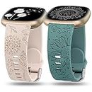 TOYOUTHS 2 Packs Compatible with Fitbit Sense Bands/Sense 2 Band/Versa 3 Band/Versa 4 Band Women Floral Engraved Silicone Strap Dressy Sunflower Dandelion Pattern Sport Bracelet, Starlight+Green
