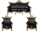 Casa Padrino Baroque Living Room Set Master Black/Gold Leather Sofa Mod2-3 Seater Sofa + 2 armchairs