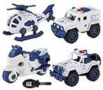 Kiddie Galaxia Police Vehicle Play Set Toy 4 Pack Cars with 1 Screwdriver Tools, Kids Stem Toys Including 1 Sport Bike, 1 Jeep, 1 Public Security Van, 1 Helicopter for Toddlers 3-8 Year- Multicolor