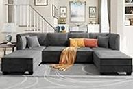 Vongrasig 6 Pieces Modular Sectional Sofa Couch with Reversible Chaise 116" Velvet U-Shaped Couch Sofa 6-seat Modular Large Sectional Couch with Ottoman for Living Room, Upholstered Cushion (Grey)