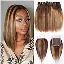 Sexycat #4/27 Ombre Straight Bundles with 4x4 Lace Closure Human Hair 10 10 10+10 Inch 100% Unprocessed Brazilian Virgin Hair Extensions Weave Weft Bundles with Middle Part Closure