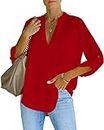 NONSAR Blusa elegante para mujer con cuello en V, blusa Henley con mangas que se pueden remangar, blusa suelta, rojo, L