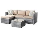 Shintenchi Patio Furniture Sets 3 Pieces Outdoor Sectional Sofa Silver All-Weather Rattan Wicker Sofa Small Patio Conversation Couch with Washable Cushion and Glass Table（Khaki）