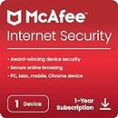 McAfee Internet Security 2024 | 1 Device, 1 Year | Antivirus Internet Security Software | PC/Mac/Android/iOS | Email Delivery