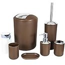 MIKOSI 6 Piece Bathroom Accessories Sets,Bathroom Set 6 Pieces Plastic Lotion Dispenser,Toothbrush Holder,Bathroom Tumblers,Soap Dish,Trash Can,Toilet Brush Set with Drawstring Trash Bags(Brown)