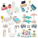Wooden Dollhouse Furniture Set, 43 pcs Doll House Furniture with 5 Family Dolls, Miniature Dollhouse Accessories 1:12 Scale Pretend Play Toy Including 6 Room for Girls and Boys 3 Year and Up