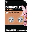DURACELL 2016 Lithium Coin Batteries 3V (2 Pack) - Long-life Guaranteed - Baby Secure Technology - For Use in Key Fobs, Small Home Remotes, Fitness Watches - Baby Secure Packaging