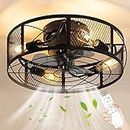 Ceiling Fan with Lighting and Remote Control E27 Retro Industrial Ceiling Fan Lights Black Metal Cage Ceiling Lamp Silent invisible Ceiling Fan Chandelier for Bedroom Living Room Dining Room Office